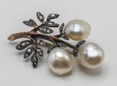 A pearl and diamond spray brooch, length approx 38mm.