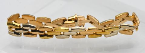 An 18ct multi coloured gold brick link bracelet stamped '750', length 20cm, approx 22.7g