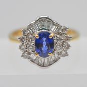 An 18ct yellow gold sapphire and diamond 'Ballerina' cluster ring, approx weight of sapphire 1.