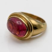 An 18ct yellow gold heavy mounted modern quality pink Tourmaline dress ring, approx 11.74ct,