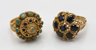 Two large and fancy gold gem set dress rings in yellow gold (one marked 9ct) approx 16g (2).