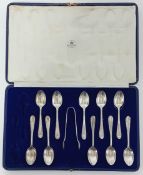 A early 20th century incomplete cased set of silver Mappin and Webb teaspoons and sugar tongs, to