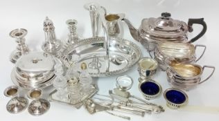 A quantity of electroplated tableware, to include a three piece tea service, a sugar caster,