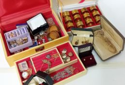A mixed collection to include cufflinks, three pence bracelet, pearls, set of twelve napkin rings
