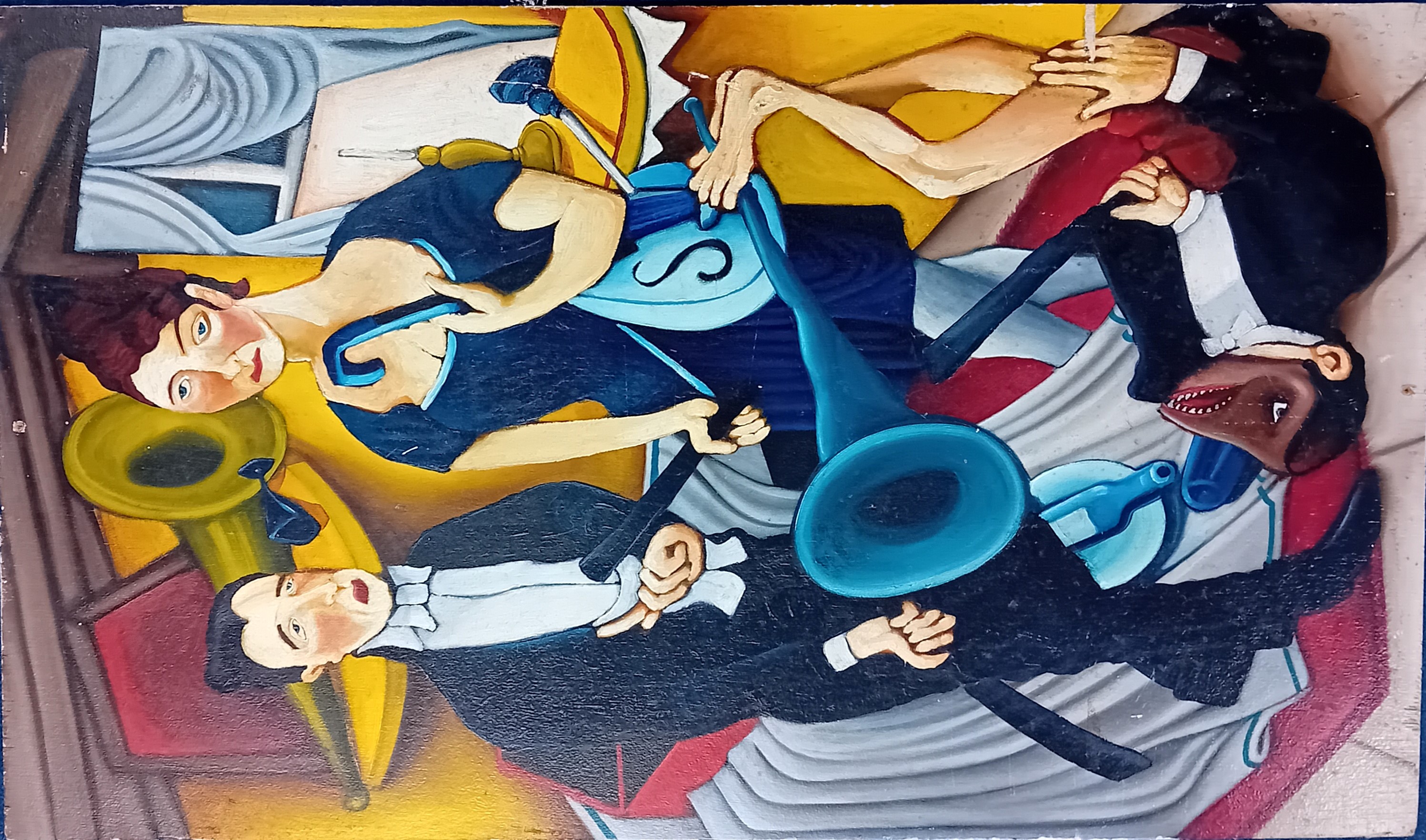 Oil on board, a surrealist interior scene, to show three figures, unsigned, overall size 99cm x