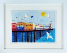 Lou Coultas (British Contemporary), fused glass, 'Paignton Pier', framed, overall size 31cm x
