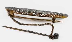 A diamond crescent brooch together with a diamond stick pin attached, approx 7.2g (not