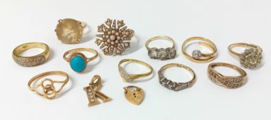 A collection of ten assorted 9ct gold rings, approx 33.25g, also one 18ct gold ring approx 1.86g,