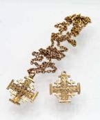 Two 14k gold cross pendants marked on reverse Jerusalem, one on a 9ct gold chain and another
