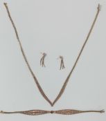 A 9ct gold multi colour bracelet, necklace and earrings, total weight 19.40g.