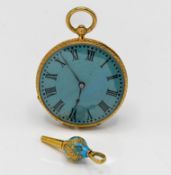 An 18ct yellow gold and enamel fob watch with key, with paste stones to the back, total weight