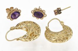 A pair of 9ct yellow gold amethyst earrings together with another pair of earrings (not