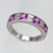 A platinum pink sapphire and diamond half eternity ring, set with four princess cut sapphire, approx