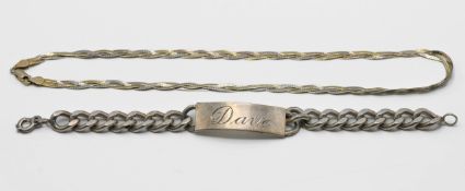 A silver I.D. bracelet marked 'Dave' together with a silver chain.