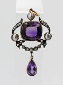 An amethyst, diamond and pearl drop pendant, Art Nouveau style, approx 7.6g (not hallmarked).