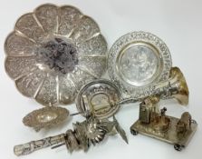 Chinese novelty silver condiment set in the form of a water buffalo, a farmhouse and the trough on