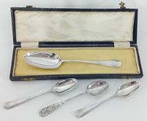 An 18th century silver spoon, hallmarked London 1740, cased, together with three other silver