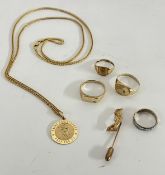 A small collection of 9ct gold including rings, Saint Christopher pendant etc, total weight 22g