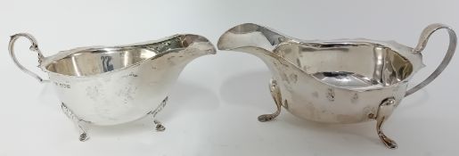 Two modern Sauce Boats, each with cut border on three feet. Sheffield 1937, 7ozs and Sheffield 1937,