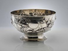 A large Chinese silver Punch Bowl, decorated in relief with iris and cranes, 'Sincere', 29cm. 51.