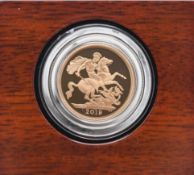 A British Royal Mint Queen Elizabeth II 2019 gold proof full sovereign coin, in a fitted case