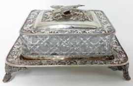 A Chinese silver cut glass rectangular Sardine Dish, the silver lid with iris in relief and