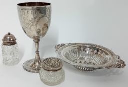 A small engraved Challenge Cup. London 1837, 12cm, a silver topped and glass pepper, small jar and