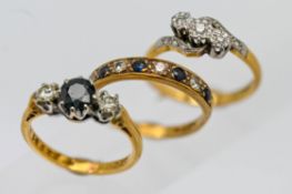 Three dress rings, set in 18ct yellow gold, total weight 8.7g.