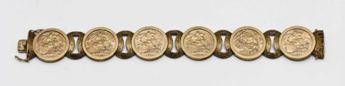 A sovereign bracelet, comprising six Edw VII and Geo V sovereigns set in a 9ct bark effect bracelet,