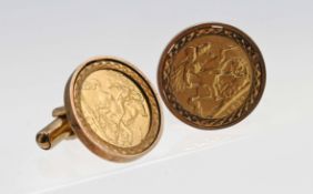 A pair of gold cufflinks, each set with a half sovereign (Edw VII 1902, Geo V 1910) in 9ct gold,