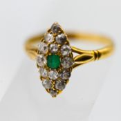 A diamond and emerald marquise shape ring, set in 18ct yellow gold, head size 16mm x 17mm, approx