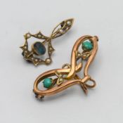 A 9ct gold turquoise and seed pearl brooch together with another 9ct gold brooch, total weight 4.