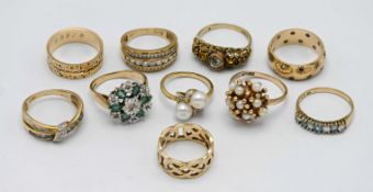 A collection of 10 various dress rings, including gem-set, diamond-set, pierced band, cluster,