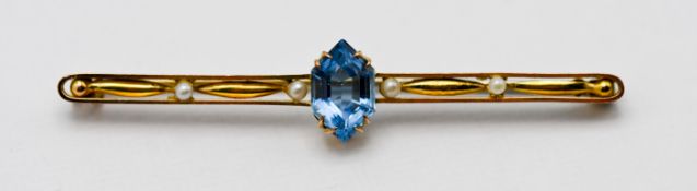 A 9ct bar brooch, set with blue topaz and seed pearl. 4.2g, length 64mm