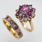 A 9ct ruby and diamond effect cluster ring, together with a 9ct ruby and diamond engagement band,