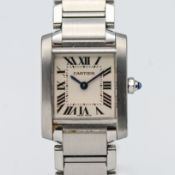 An elegant ladies Cartier Tank Bracelet Watch, stainless steel with silvered dial, quartz, ref