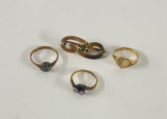 An antique brooch set with peridot, a 9ct signet ring and another 4g, a broken 18ct two stone