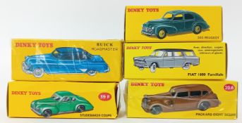 Dinky Toys by Norey, five model cars, two in original plastic wrap, to include Buick Roadmaster,