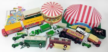 A large collection of fairground models, to include 'Carters Dodgems', a tin circus tent, a card