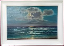 Arnold Beardsley (1915-) oil on canvas of a moonlit seascape, framed, overall size 65cm x 90cm.