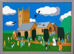 Brian Pollard (1946-) acrylic on canvas, 'Lydford Church', signed lower left, framed, overall size