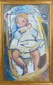 Fred Yates (British, 1922-2008) oil on board, 'Baby in a Cot', subject size 76cm x 45.5cm, framed