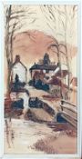 Fred Yates (British, 1922-2008) oil on board 'Watermill', subject size approx 61cm x 29.5cm, framed,
