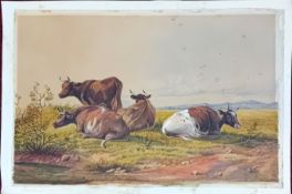 Manner of Thomas Sidney Cooper RA (1803-1902), watercolour study of cows by a river bank, mounted on