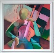 Lee Woods (1964-), oil on board, 'Cellist', signed lower right, framed, overall size 88.5cm x 88.