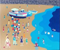 Brian Pollard (1946-) acrylic on canvas, 'Balloons and Beach', signed lower right and titled