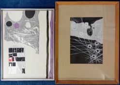 Peter Thursby (British, 1930-2011), two mixed media compositions of magazine, charcoal, aluminium