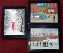 Malcolm Burton, three paintings, to include two street scenes, framed. (3)