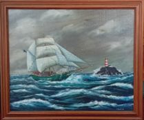 P Deacon, an oil on canvas of a ship at sea with lighthouse, framed, overall size 58cm x 69cm.