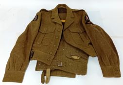 A Second World War WWII British Army dress uniform khaki green blouse and trousers with insignia